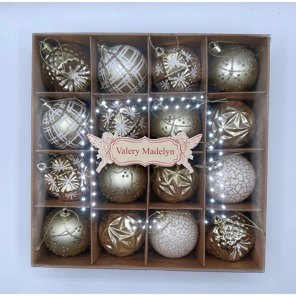 Valery Madelyn 16ct Set Gold Cream Christmas Ornaments Shatterproof New in Box
